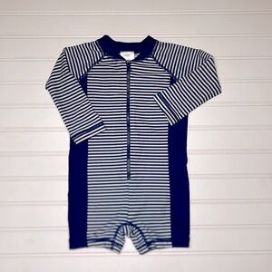 HANNA ANDERSSON Boys Navy Striped Long Sleeve Rash Guard One Piece Swimsuit